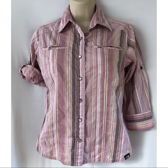 The North Face Tops - The North Face Pearl Snap Pink Striped Shirt XS